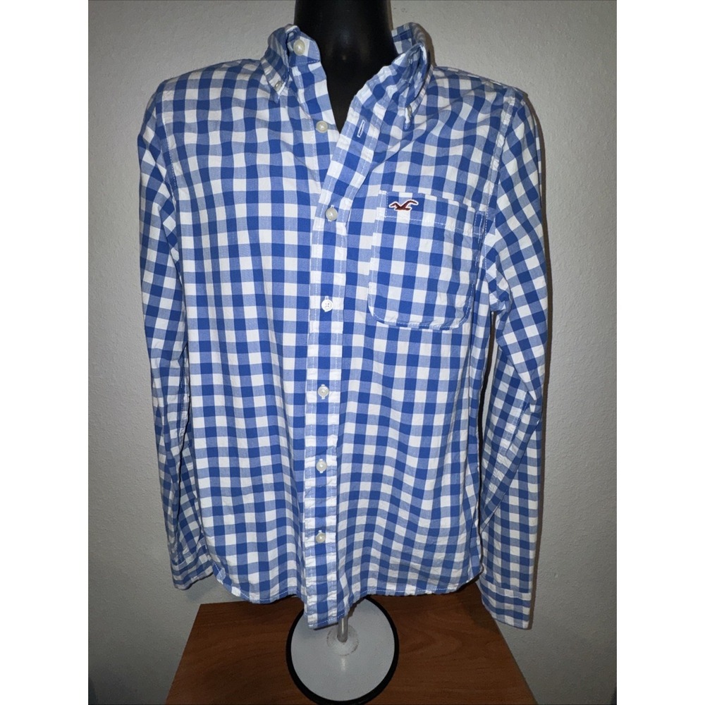 Hollister Mens Button Down Shirt Size Large Blue Plaid Long Sleeve